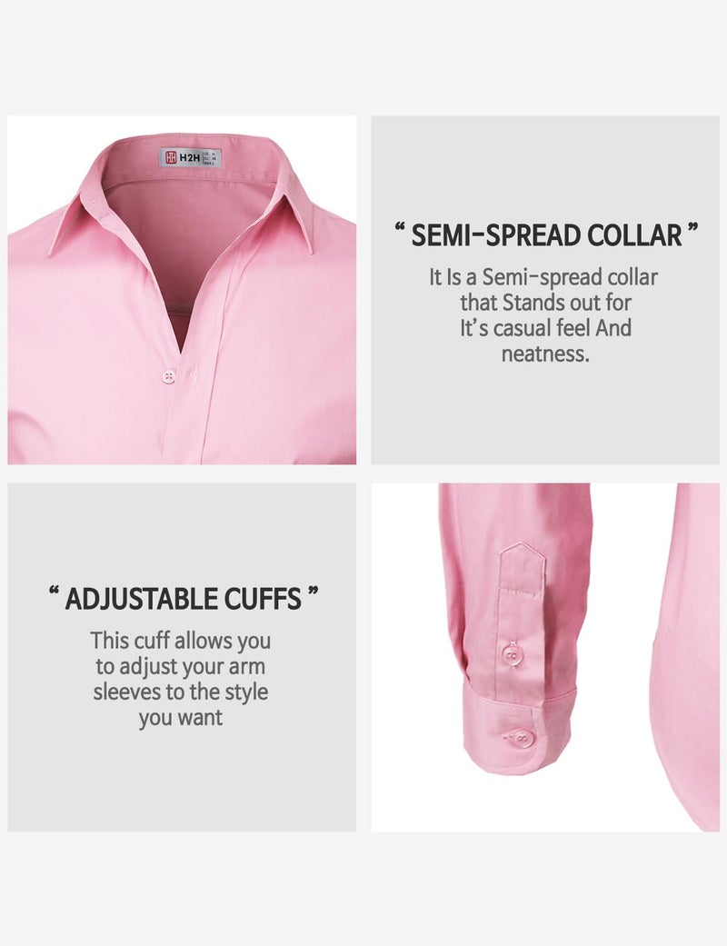 H2H Mens Casual Slim Fit Button Down Spandex Premium Long Sleeve Shirts Pink US L/Asia XL (CMTSTL0134) - Image 5